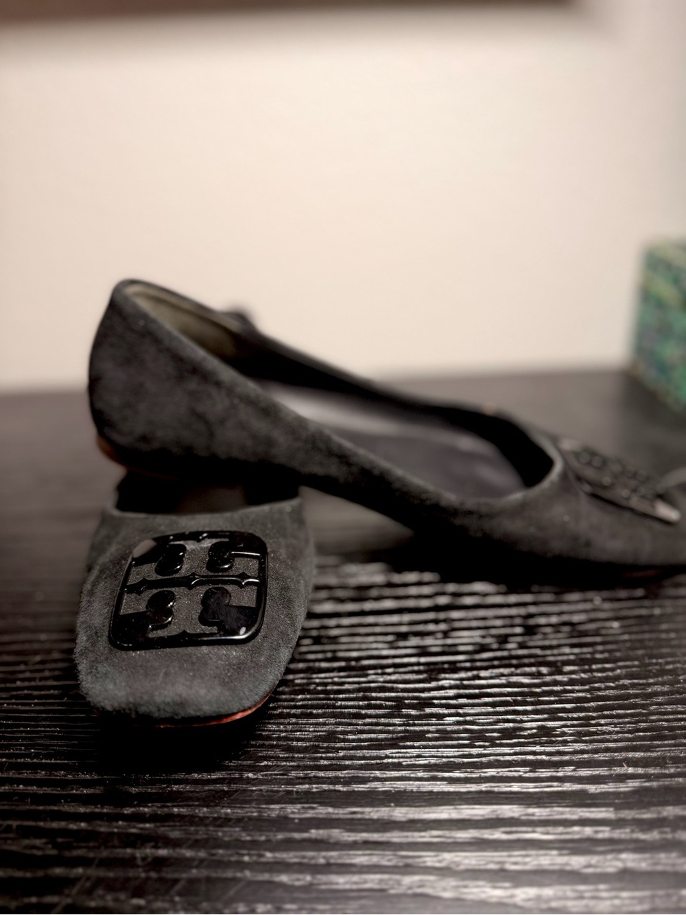 Tory Burch Black Suede Logo Plaque Ballet Flats